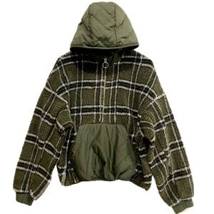 Zara Sherpa Plaid 1/2 Zip Pullover Hoodie Womens Size M Mixed Fabric Warm Jacket
